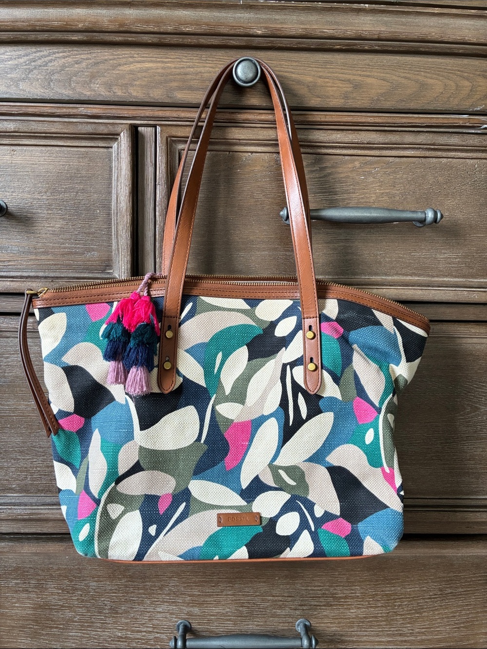 Fossil Canvas Tote in Multicolor Leaf Print with Tan Leather Handles